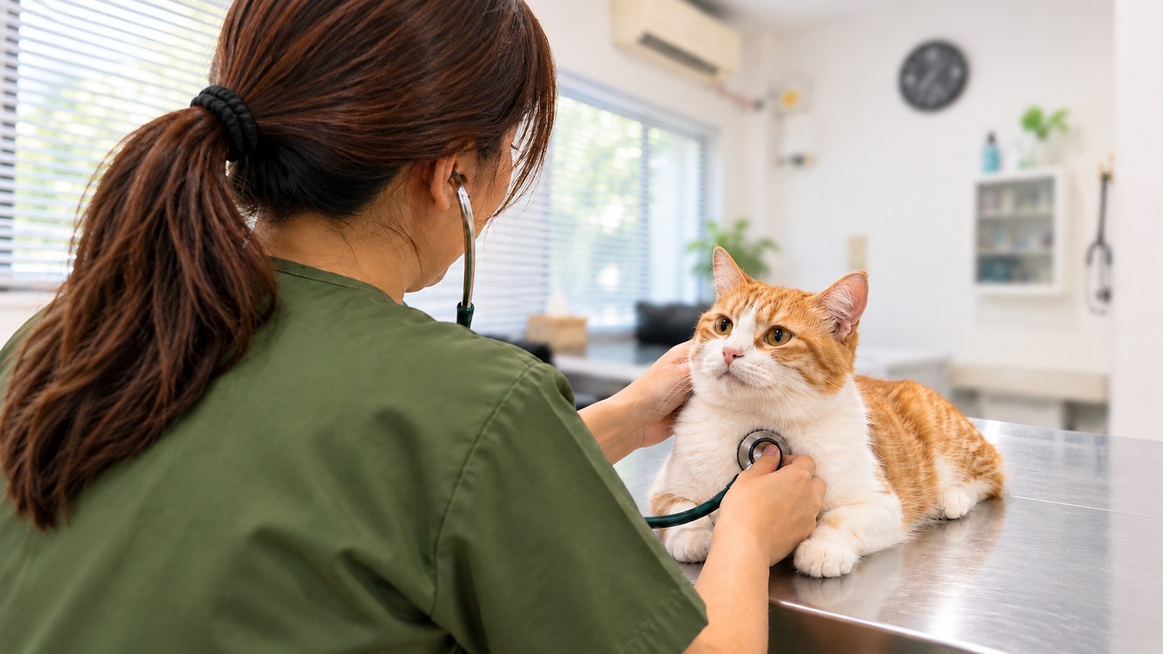 Dokter hewan memeriksa kucing dengan stetoskop