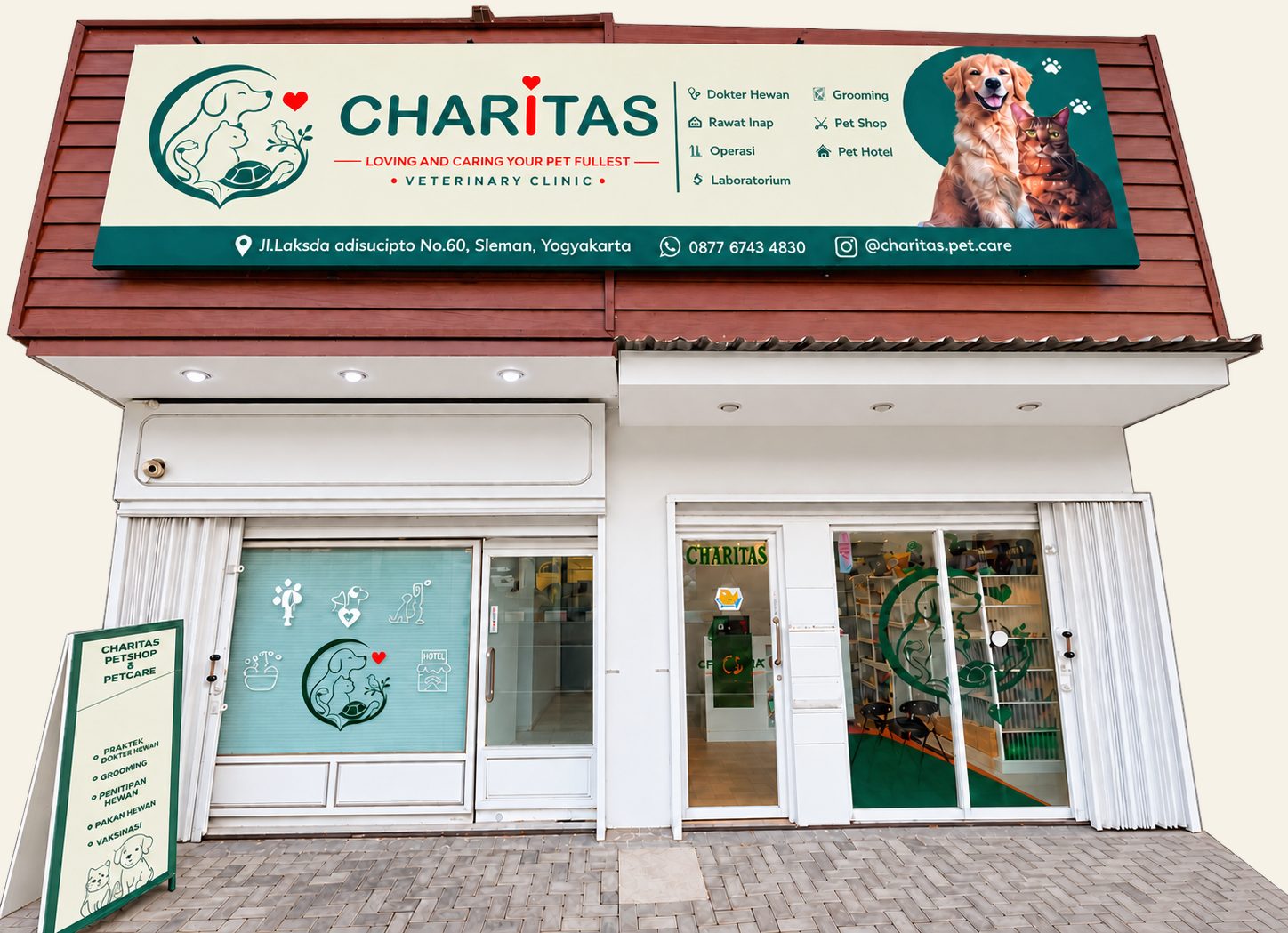 Tampak depan Klinik Hewan Charitas Pet Care di Jl. Laksda Adisucipto 60, Sleman